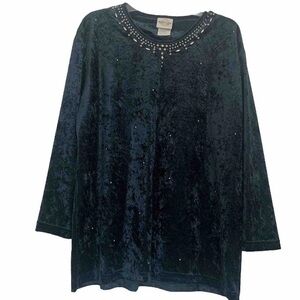 Vintage Bentley Top Blouse Crushed Velvet Green Silver Studded Long Sleeve Sz L